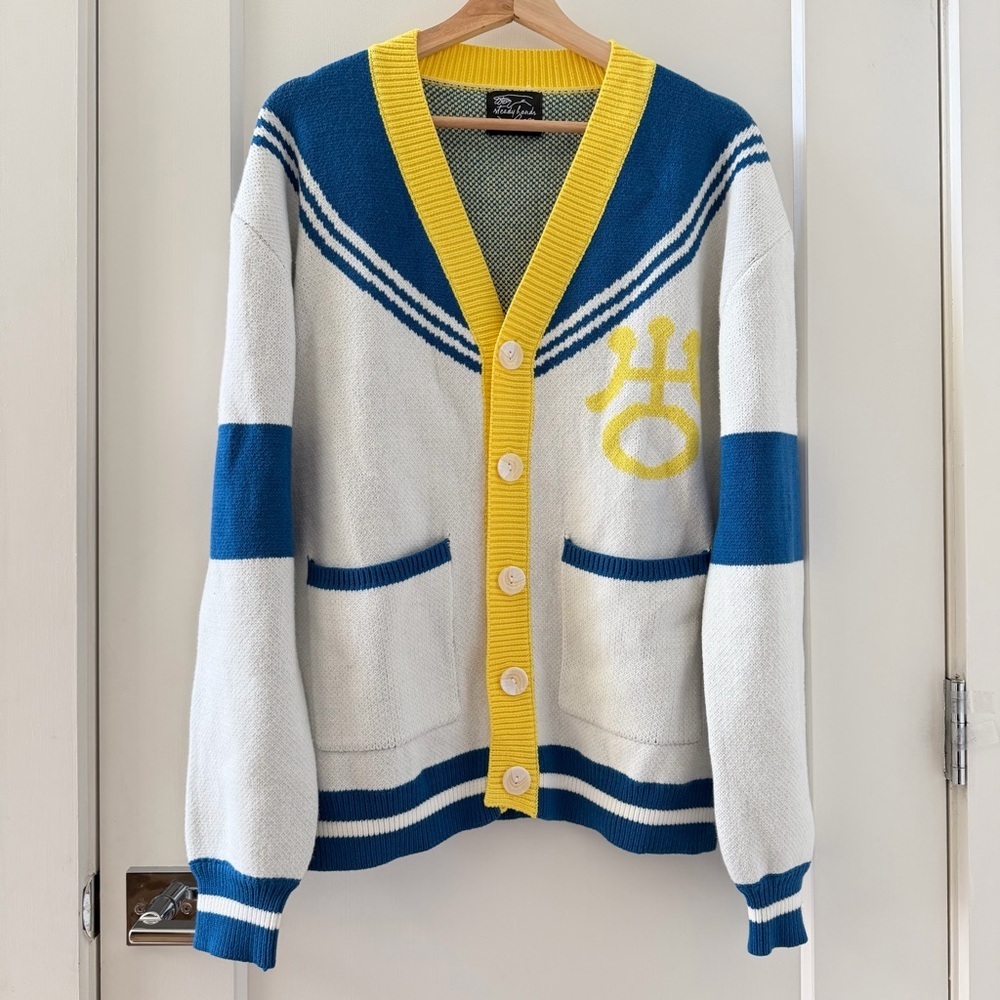 Steady Hands Cardigan Sweater Sailor White Yellow Blue Oversized Sz XS